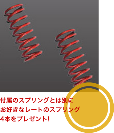付属のスプリングとは別にお好きなレートのスプリング4本をプレゼント!